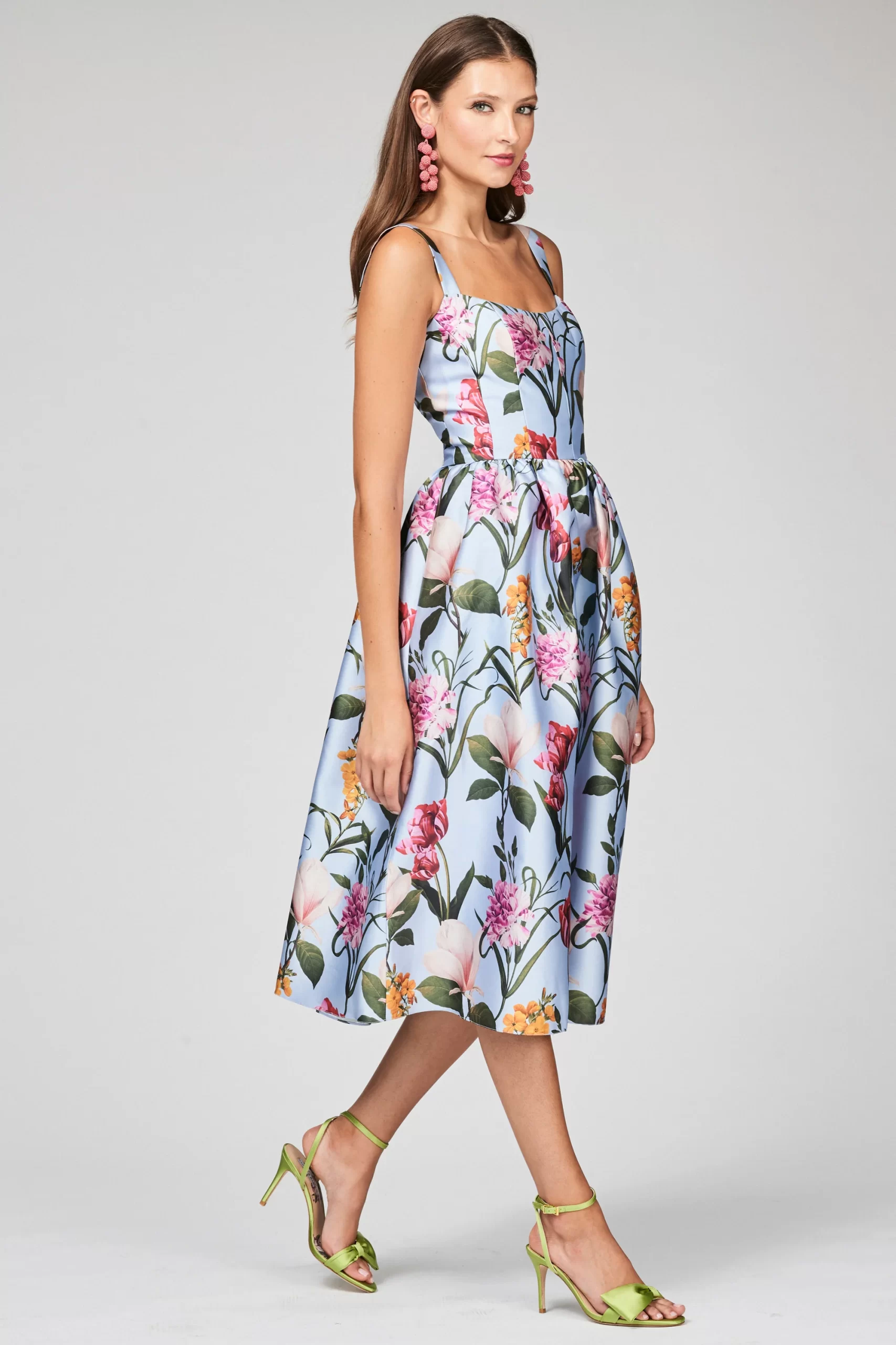 blue floral print midi dress for bridal shower