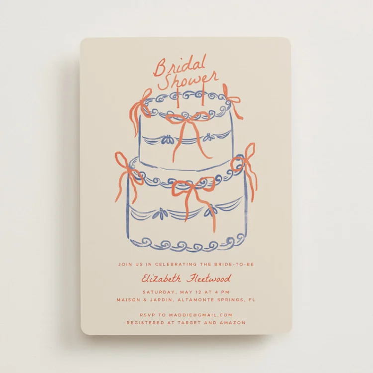 hand-drawn bridal shower invitations examples with cake and ribbons
