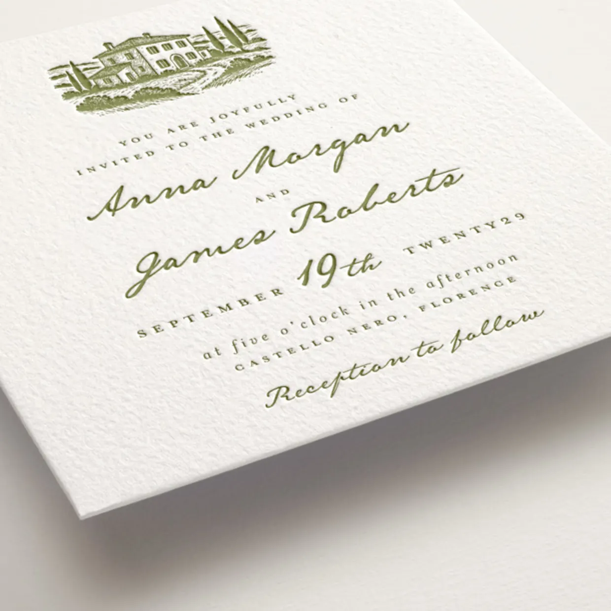 villa style letterpress wedding invitation on premium paper