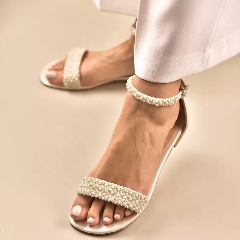 pearl embellished ivory bridal sandals for beach wedding shoes