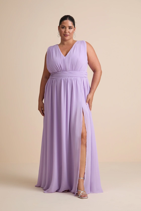 v-neck plus size mother of the bride dress with flowy chiffon