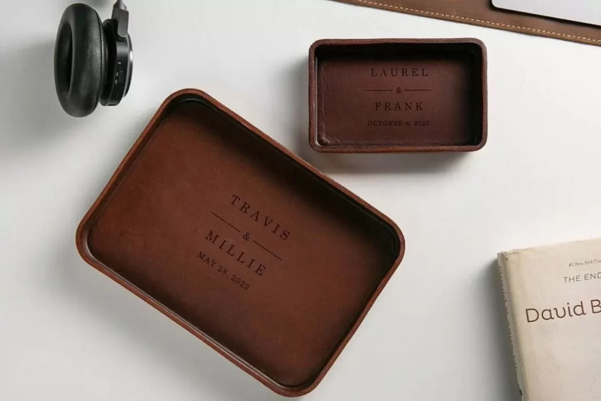 vegetable tanned hard leather valet tray for men on nightstand with wallet and keys