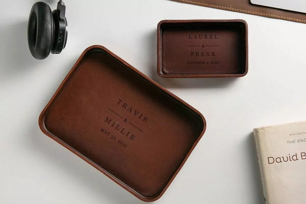 vegetable tanned hard leather valet tray for men on nightstand with wallet and keys