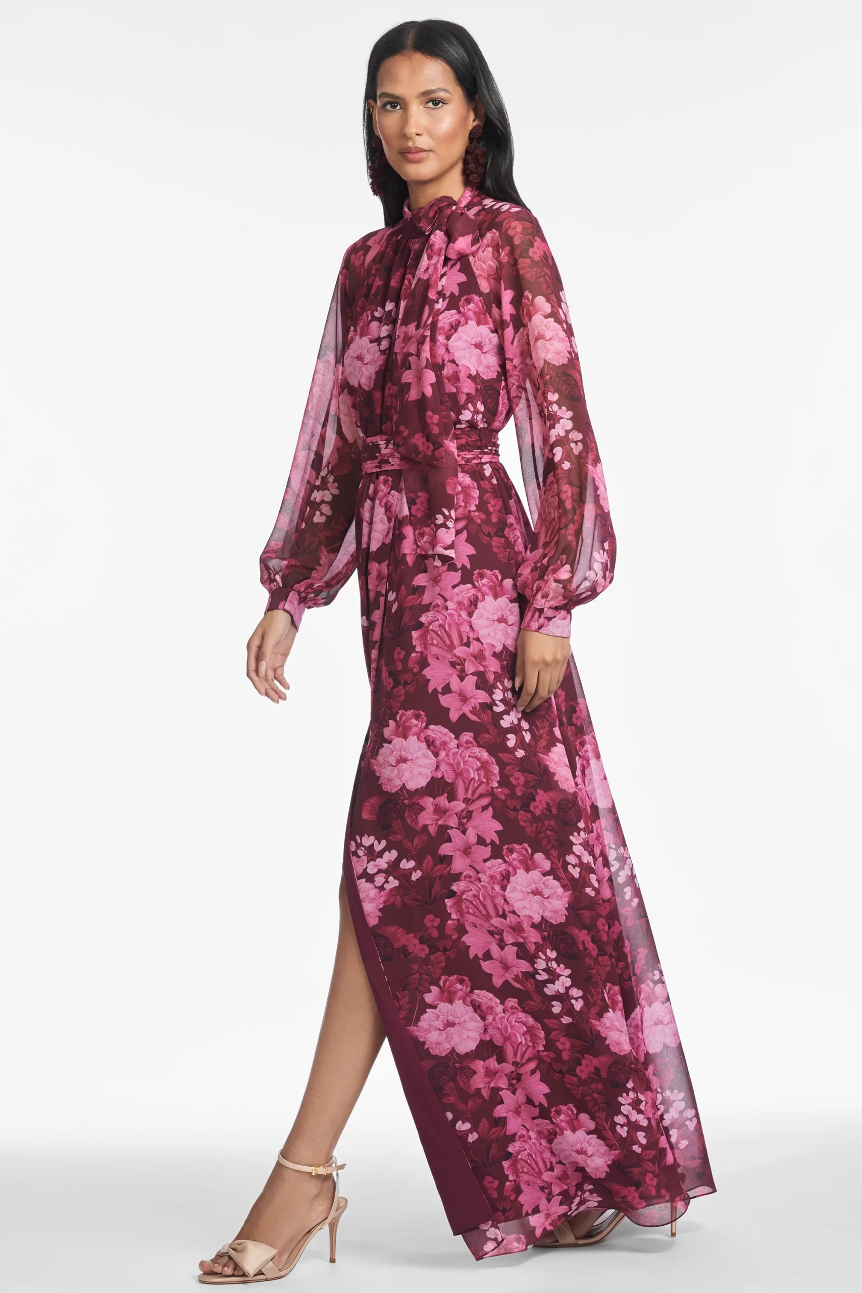 guest wearing chiffon long sleeve maxi dress for beach wedding attire