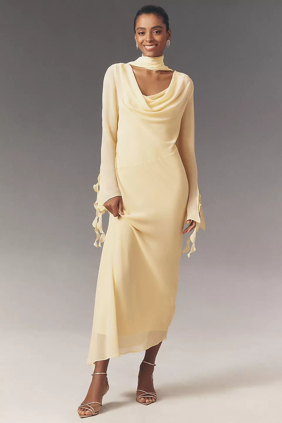 long sleeve beach wedding guest dress in yellow