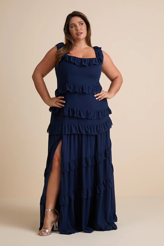 navy plus size mother of bride dress with ruffles