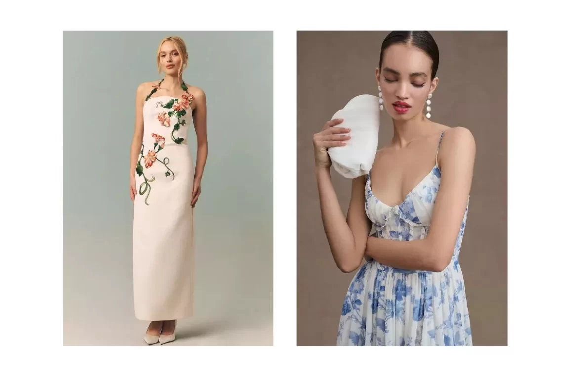 Top colors for non-white bridal shower dresses including blush pink, baby blue, lavender, champagne, soft yellow, and floral prints