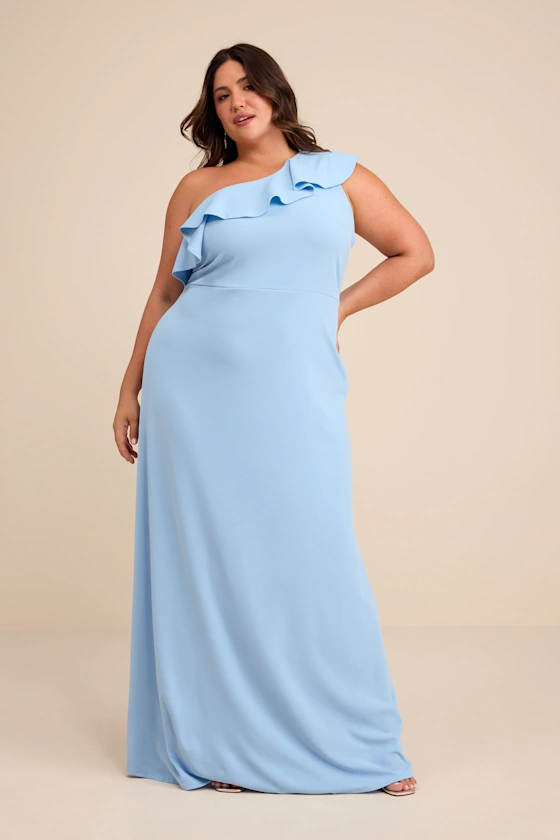 bridesmaid wearing one-shoulder ruffle baby blue dress