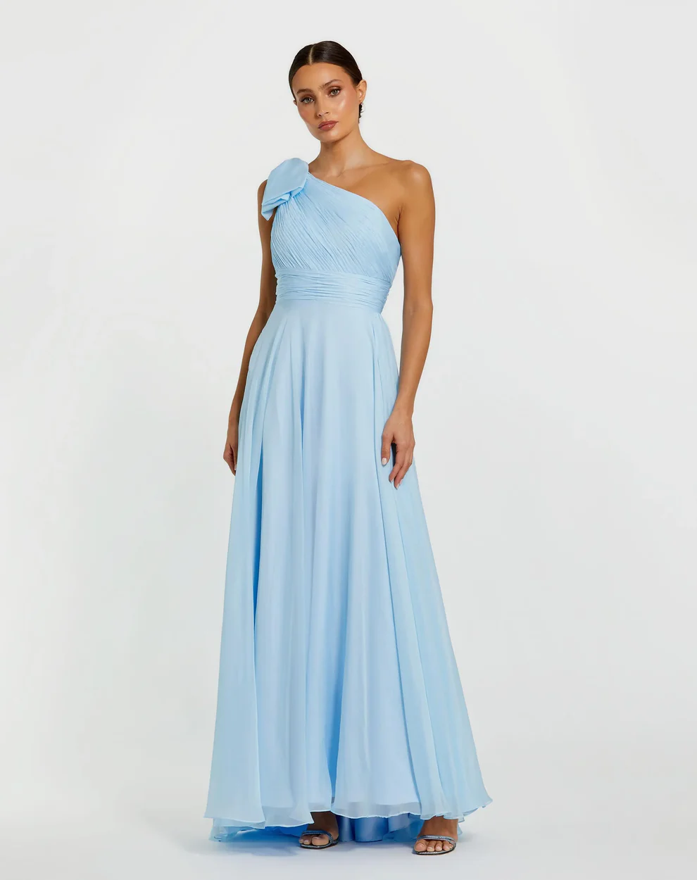 pleated baby blue one shoulder maxi dress floor-length