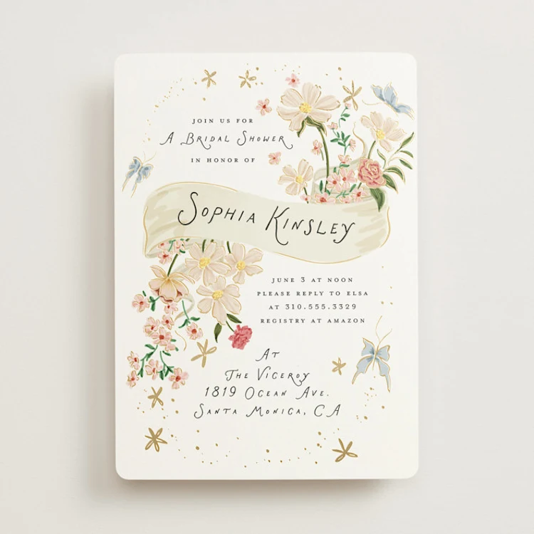 ornate bridal shower invitation example with gold foil and elegant details