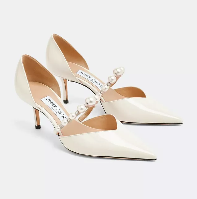 Pointed toe pearl and crystal jimmy choo bridal heels