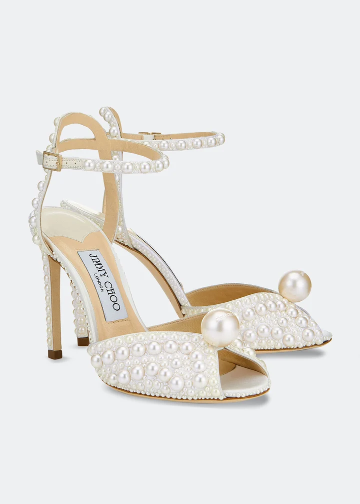 pearl embellished peep toe jimmy choo wedding shoes with ankle buckle - designer wedding shoes for brides