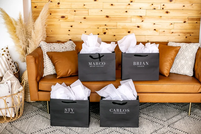 groomsmen gift bags personalized for easy gifting on the wedding day