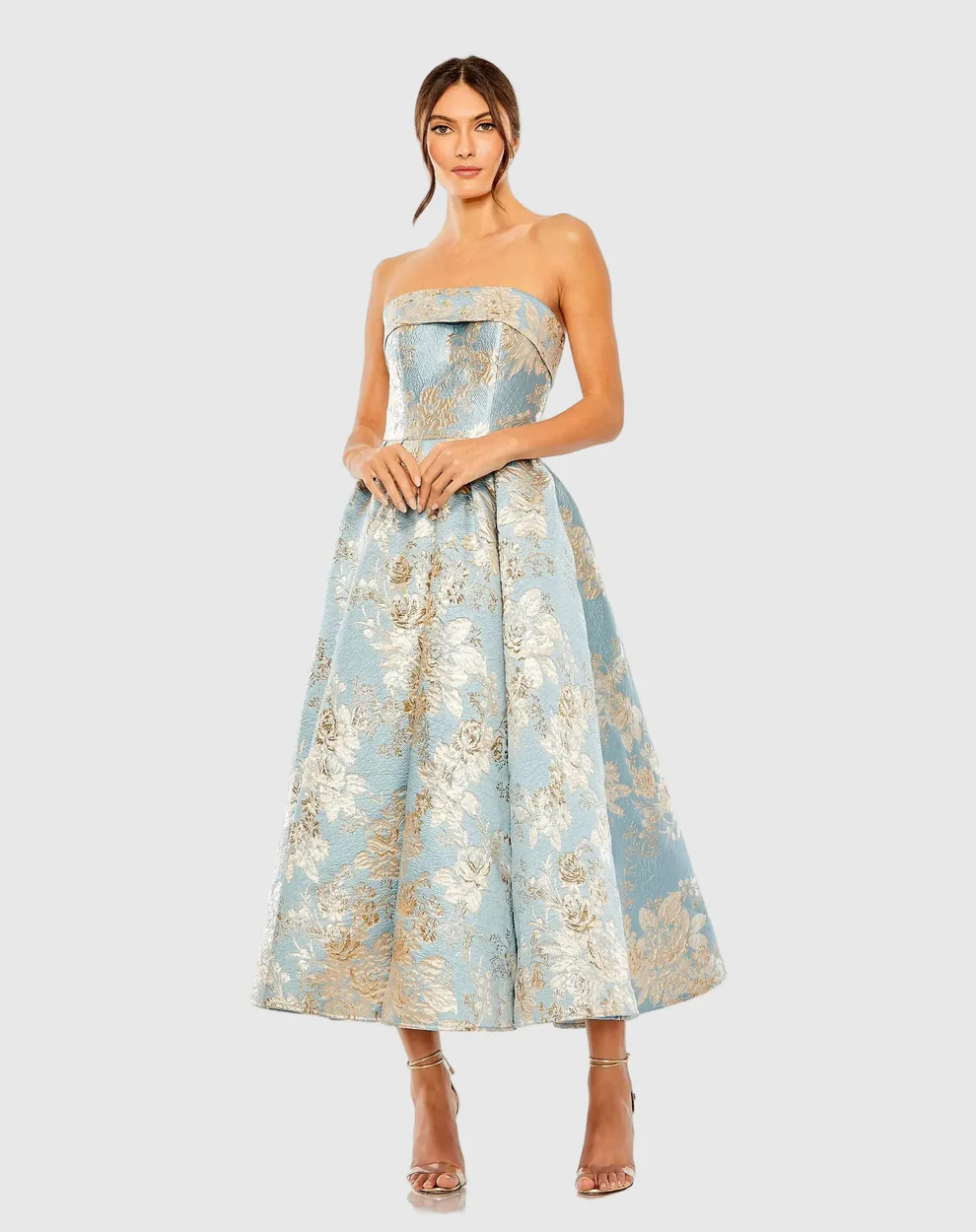 light blue brocade mother of the bride dress in petite