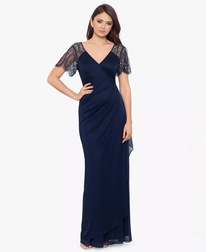 mother of the bride dress in petite size with cap sleeves embellished and navy gown