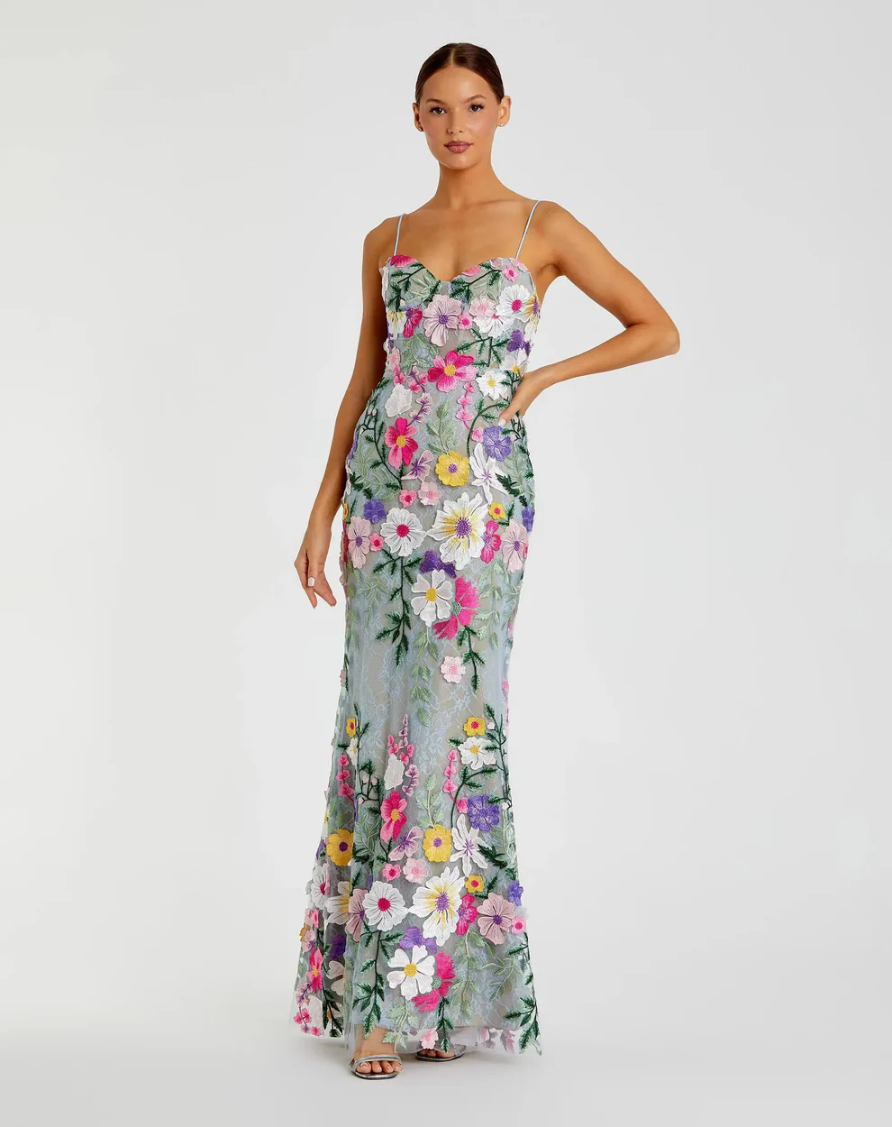 multicolor allover floral gown with straps for petite mother of the bride dress