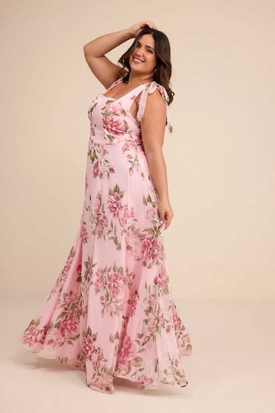square neck plus size mother of the bride dress in pink floral print for summer weddings