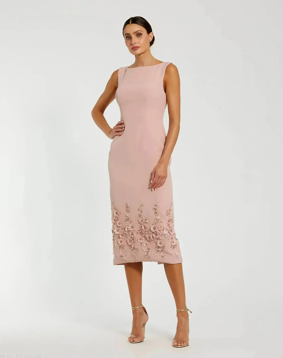 pink midi length crepe mother of the bride dress in petite