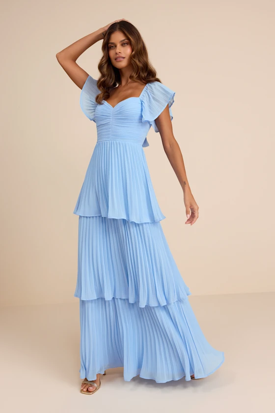 light blue flutter sleeve beach wedding guest dress