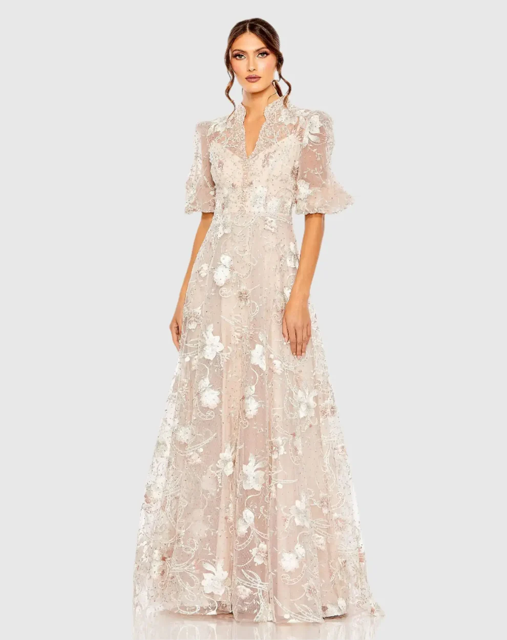 puff sleeve pink petite mother of the bride gown