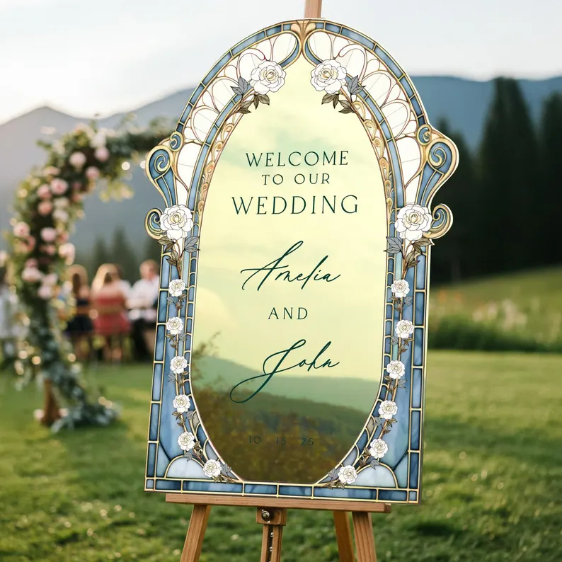 floral stained glass wedding signage