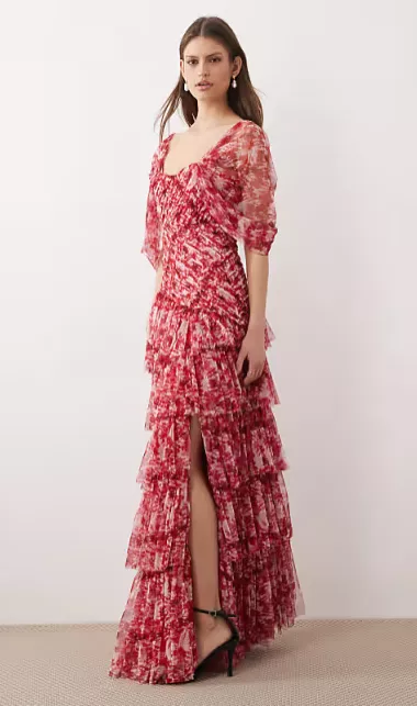 red floral beach wedding guest dress with sleeves