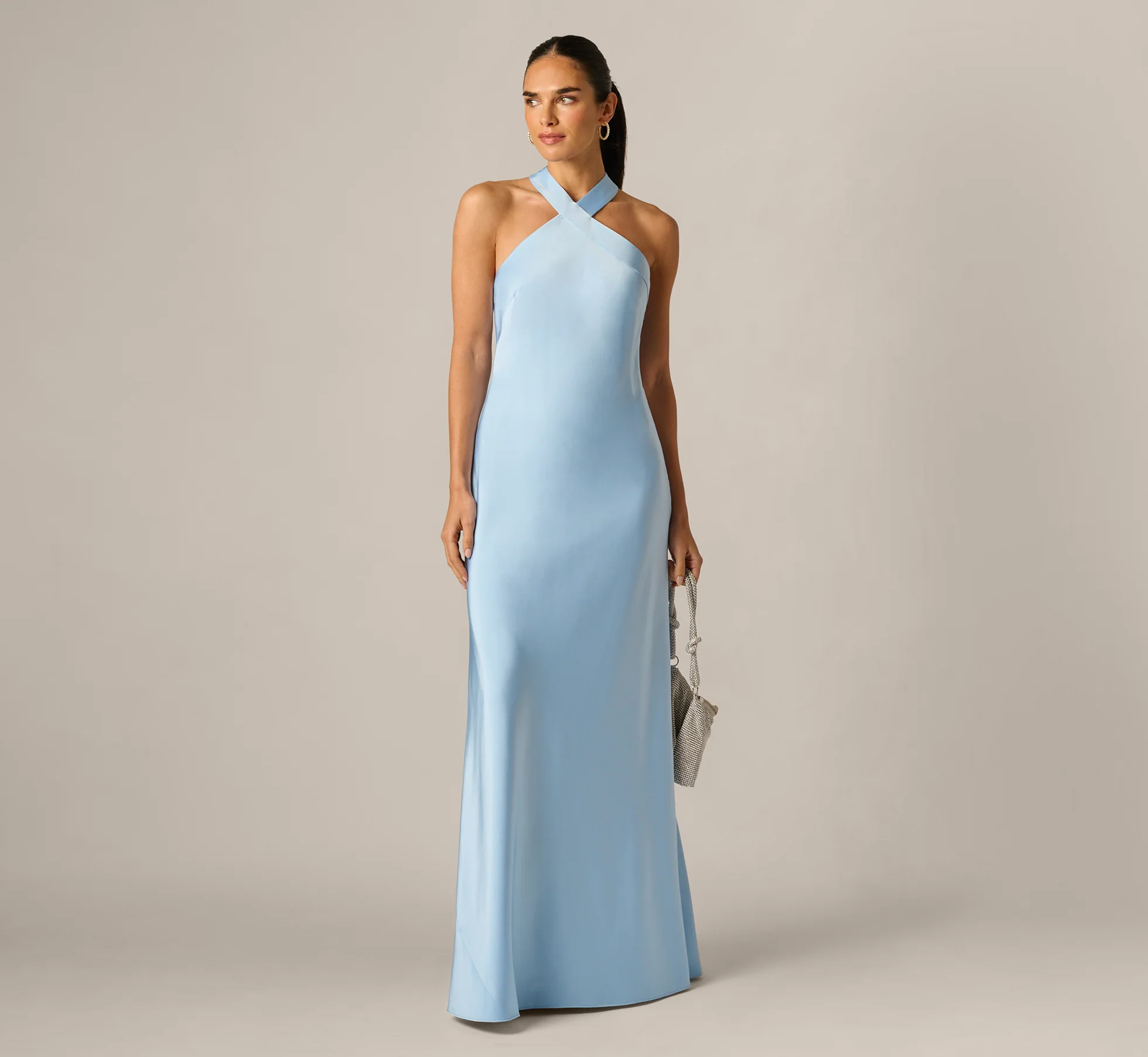 halter neckline baby blue bridesmaid dress long