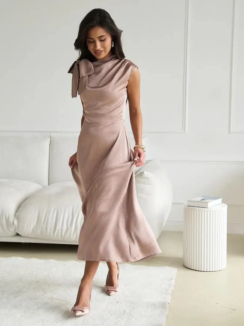 soft mauve bridal shower dress with cowl neck