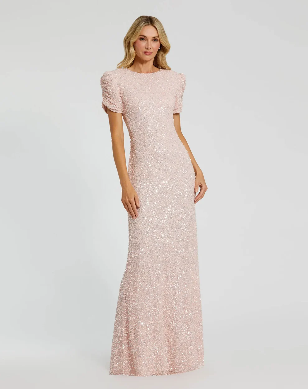 sequin mother of the bride dress in petite size with blush sparkles and cap sleeves