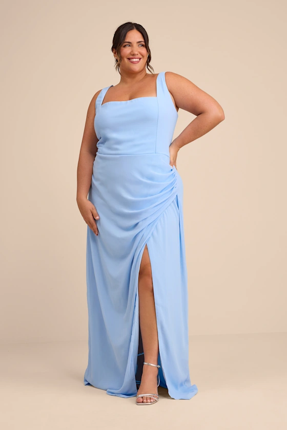 square neck long baby blue bridesmaid dress with ruching