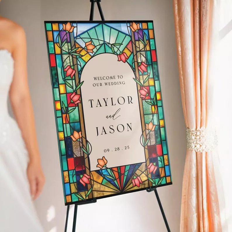 stained glass welcome sign on easel for wedding entrance