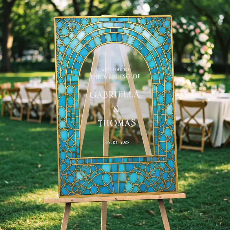 teal wedding welcome sign with stained glass effect