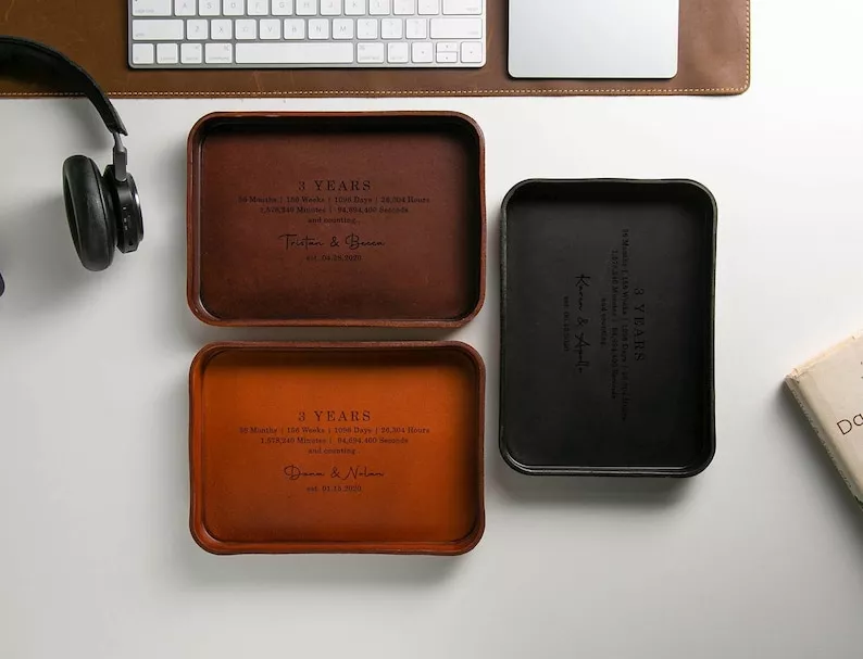 leather valet tray on a stylish desk with minimalist decor