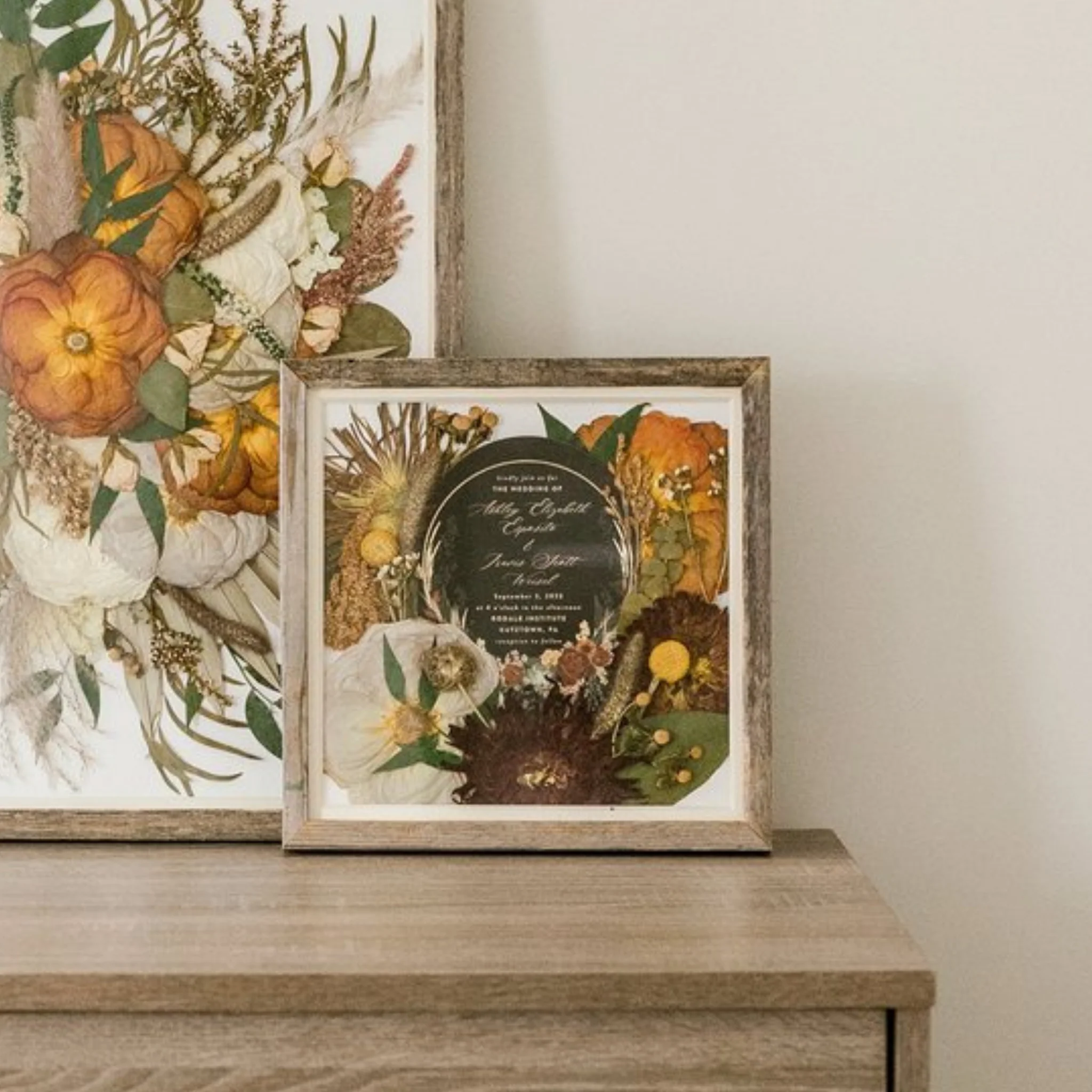 Wedding bouquet preserved display with pressed flowers