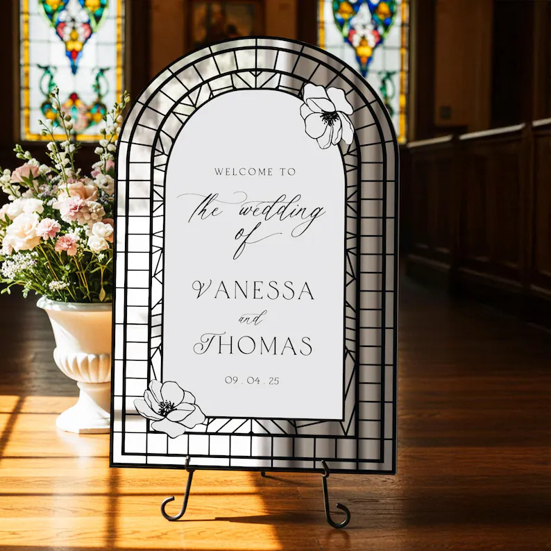 stained glass wedding sign in black and white