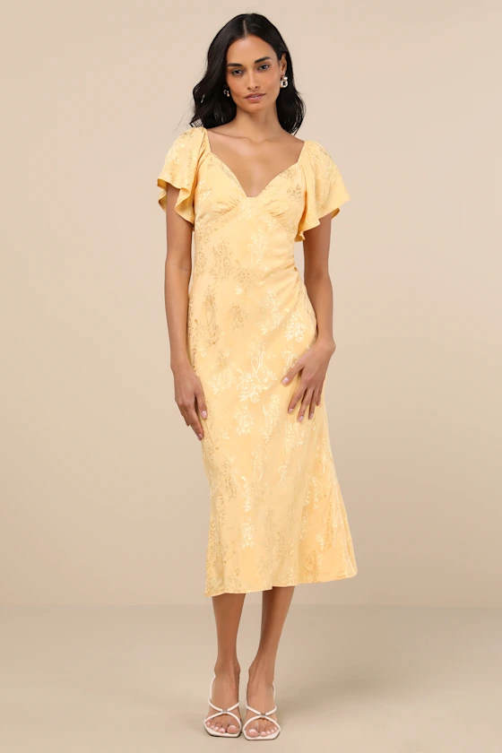 yellow midi print flutter sleeve beach wedding guest dress