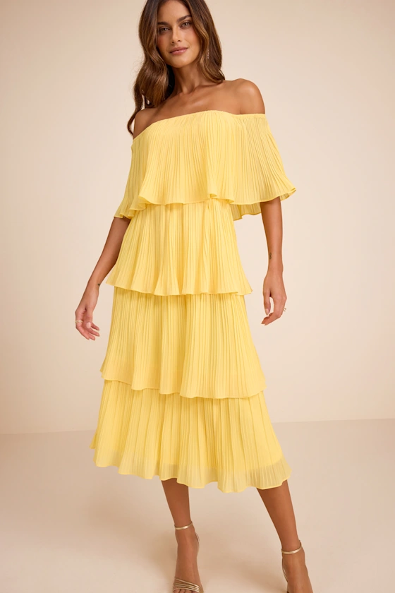 yellow shoulder ruffle sleeves midi beach wedding guest dress