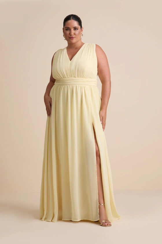 summer yellow mother of the bride dress in flowy chiffon for plus size