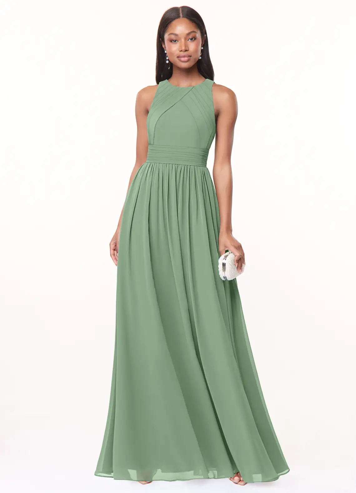 sleeveless chiffon matcha green azazie bridesmaid dress