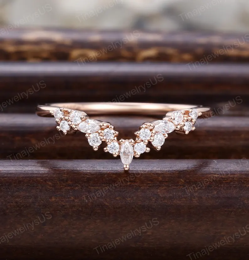 affordable wedding band for women - marquise style moissanite stones - best etsy wedding deals