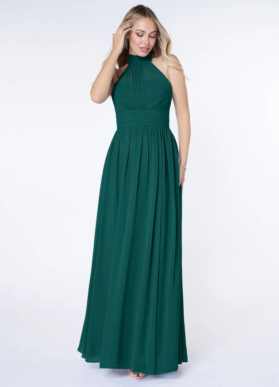 halter dark green chiffon azazie bridesmaid dress
