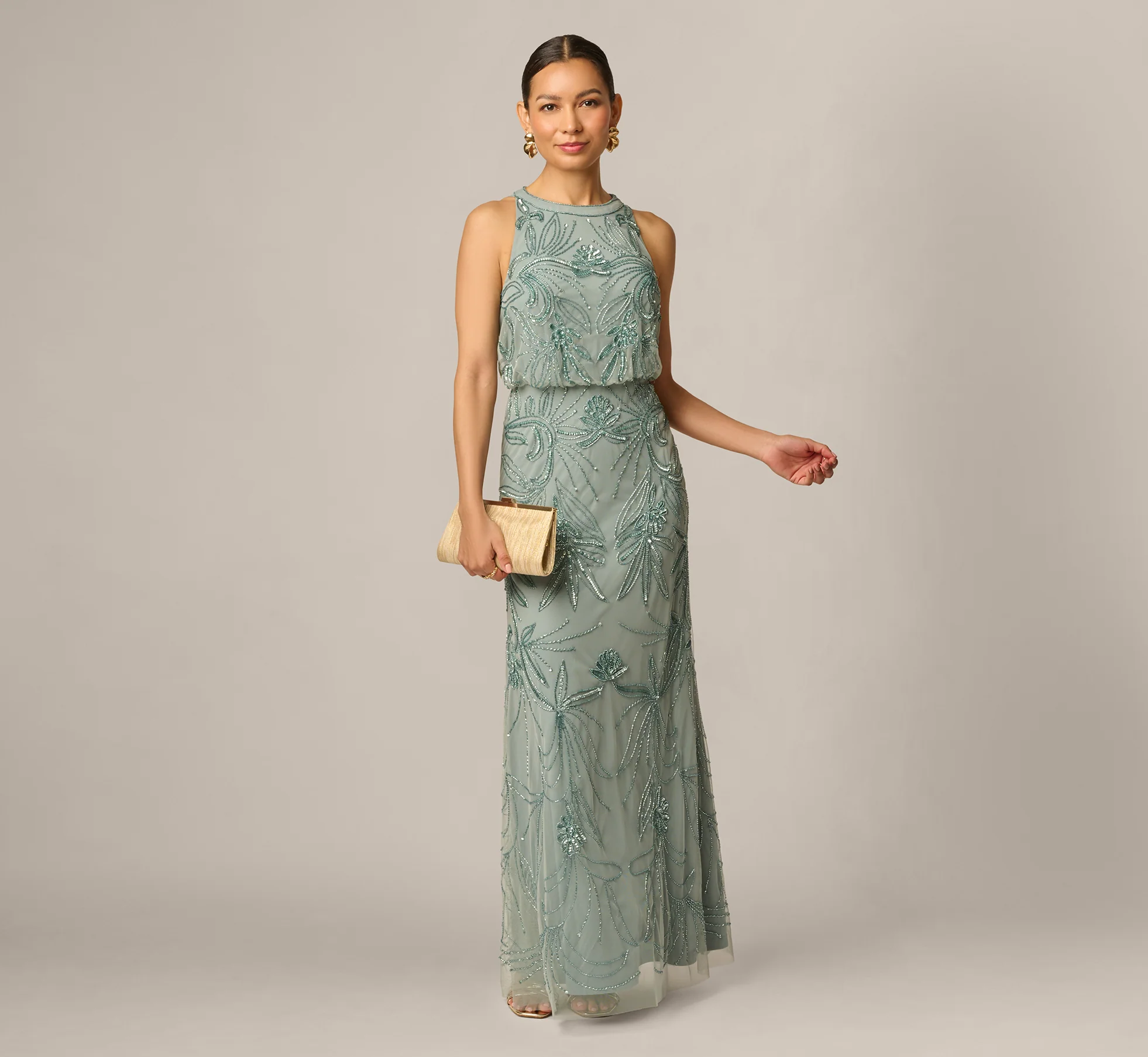 sage beaded petite evening gown