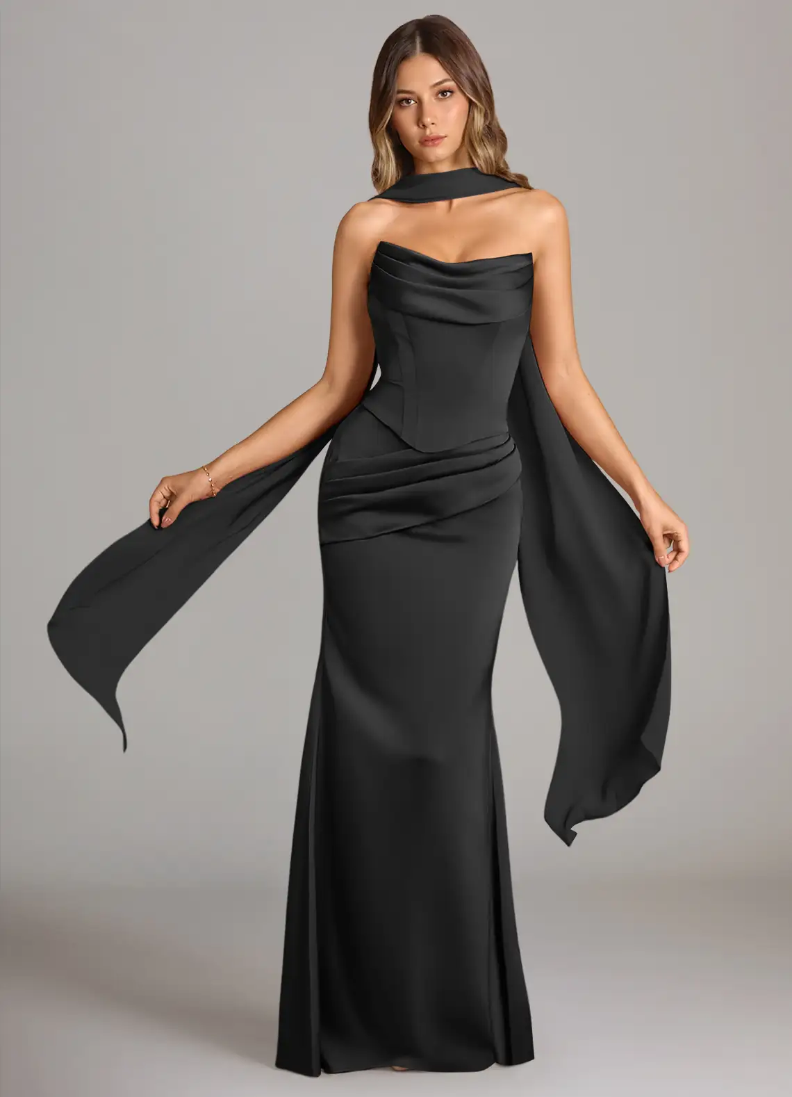 black satin strapless mermaid azazie bridesmaid dress