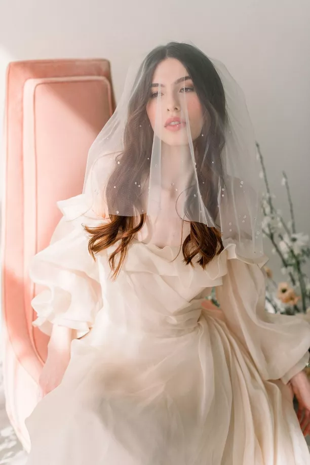 bride wearing simple wedding veil with blusher