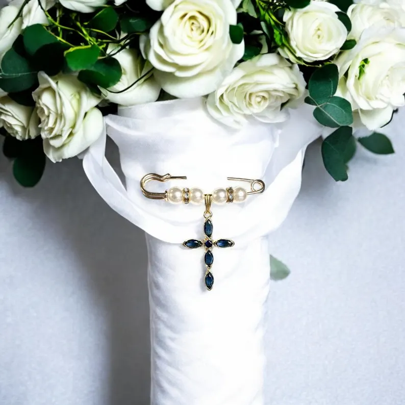 blue cross pin for bouquet charm