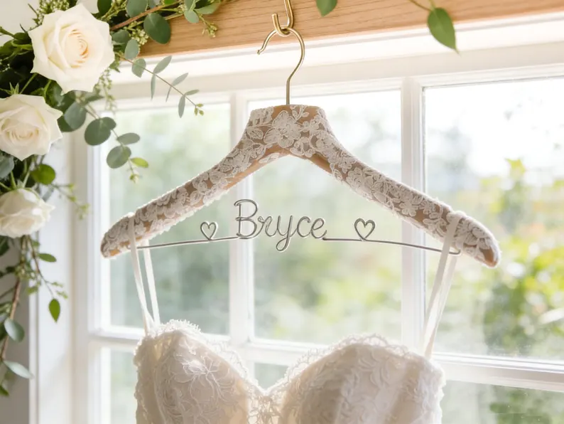 lace and wood wedding dress hanger with wire name for bride