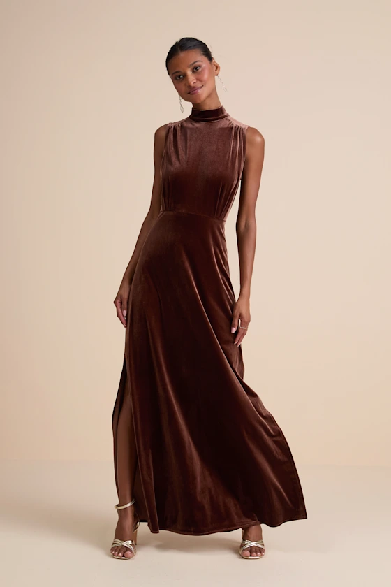 velvet maxi length brown bridesmaid dresses