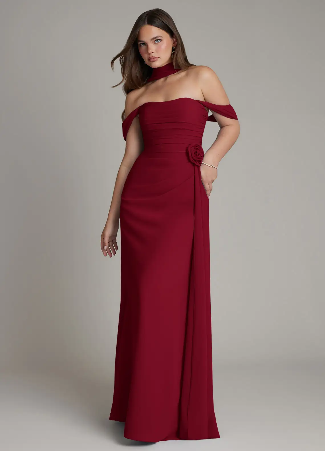 bridesmaid wearing stylish chiffon dress in burgundy with rosette and scarf