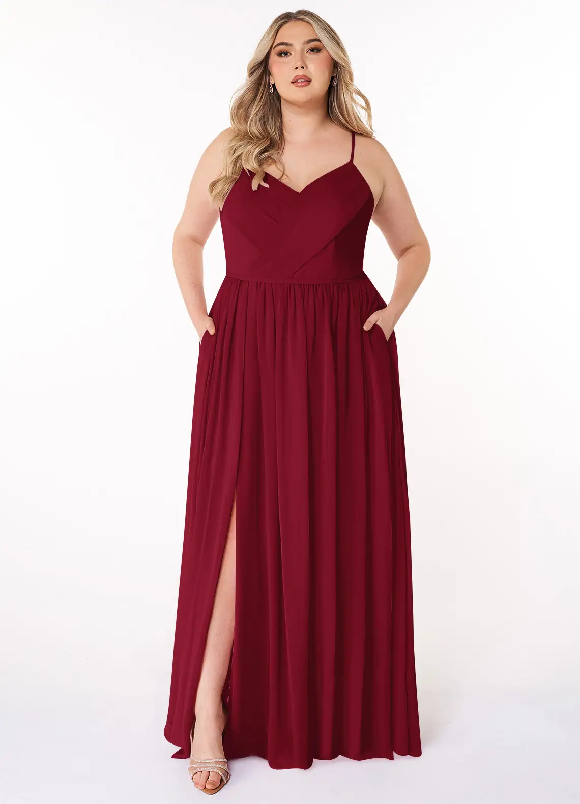bridesmaid wearing burgundy a-line dress from azazie