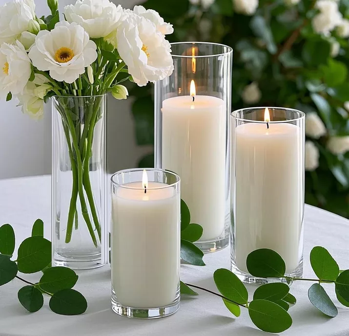 candle centerpieces in varying heights pillars